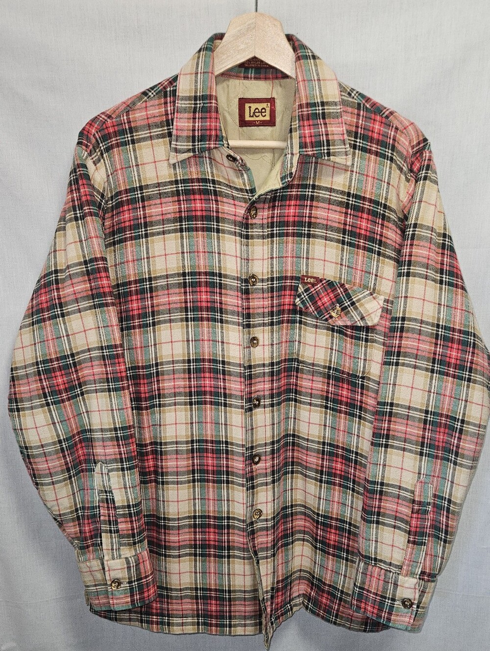 Vintage 90's Lee Cream & Red Plaid Lightweight Quilted Shirt Jacket sz M